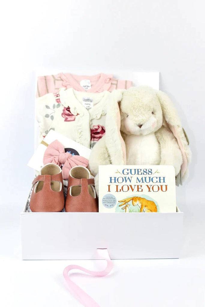 A baby girl gift set in shades of pink. Baby Gift in a box features a soft plush bunny, baby shoes, book and clothes.