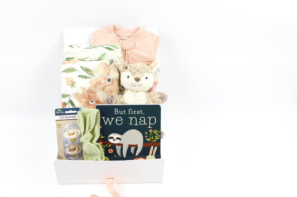 Baby gift set with plush toys and a book on a white background