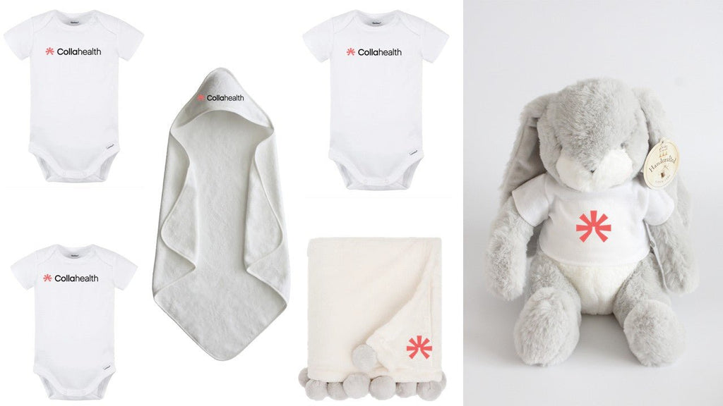 Collection of baby items including onesies, a blanket, and a plush toy with Colgate-Hale branding on a white background.
