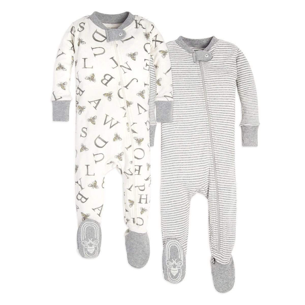 A-Bee-C and Stripes Organic Baby Zip Front Snug Fit Footed Pajamas 2 Pack-Baby One-Pieces-The Baby Gift People