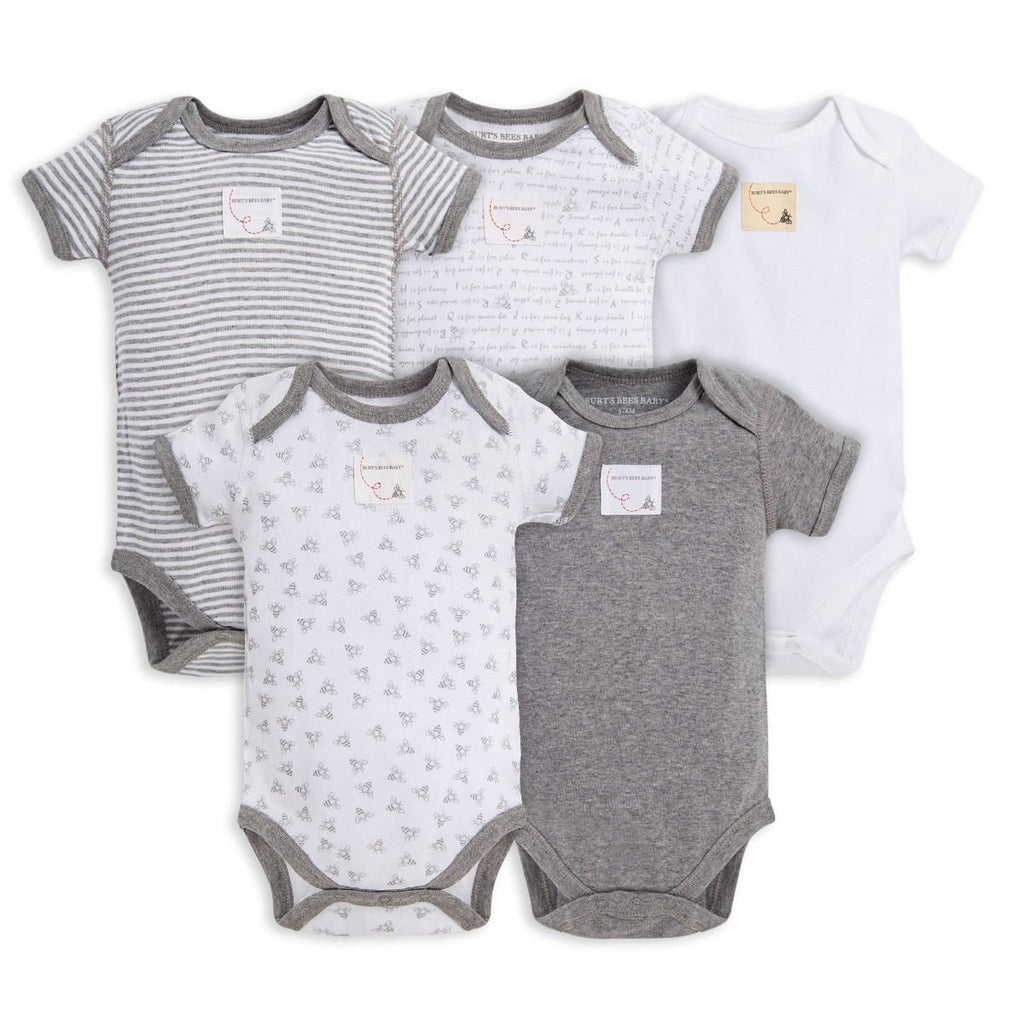 Bee Essentials Organic Short Sleeve Grey Baby Bodysuits 5 Pack-Baby One-Pieces-The Baby Gift People