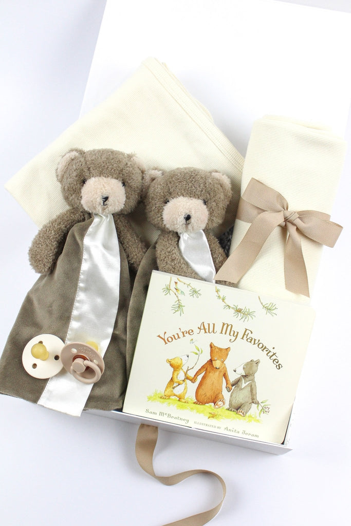 gender neutral twin baby gift box. Featuring 2 bear loveys, book, pacifiers and baby blankets.