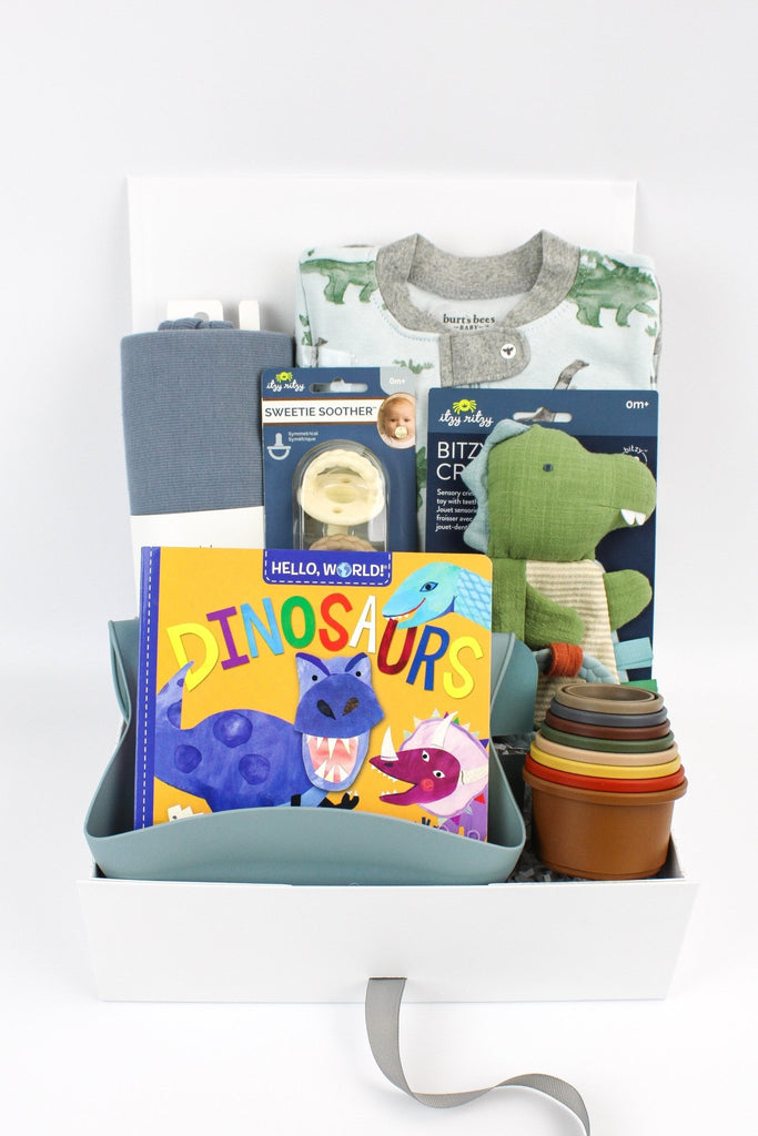 A dinosaur themed baby gift box  for a newborn baby.